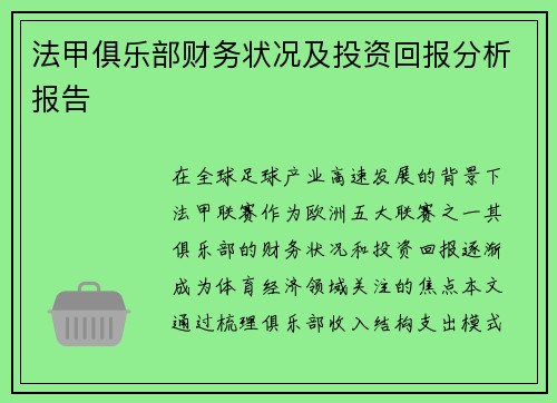 法甲俱乐部财务状况及投资回报分析报告