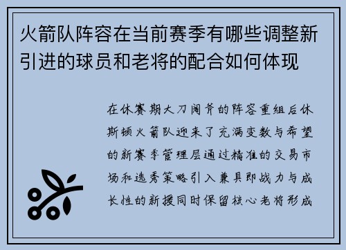 火箭队阵容在当前赛季有哪些调整新引进的球员和老将的配合如何体现